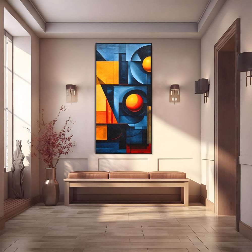 Tablou canvas cu pictura abstracta cu forme geometrice, in rama de aluminiu negru